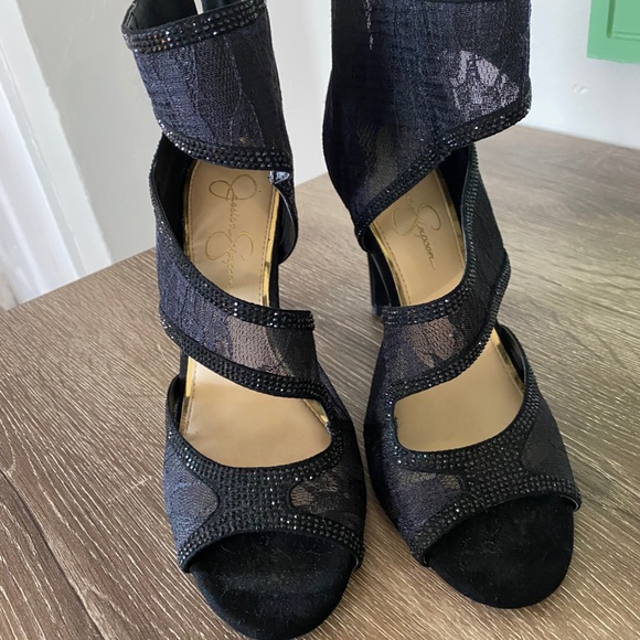 JESSICA SIMPSON BLACK LACE & SUEDE SPARKLY STILETTO ZIP-UP OPEN TOE BOOTY SHOES - Picture 4 of 4